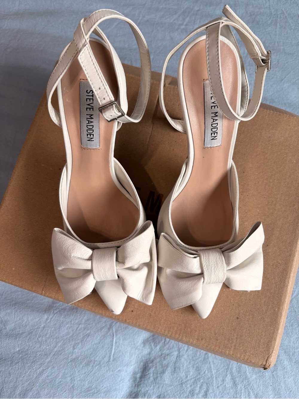 Steve Madden “Lovella” Cream Leather Pointed-Toe Bow Ankle-Strap Heels